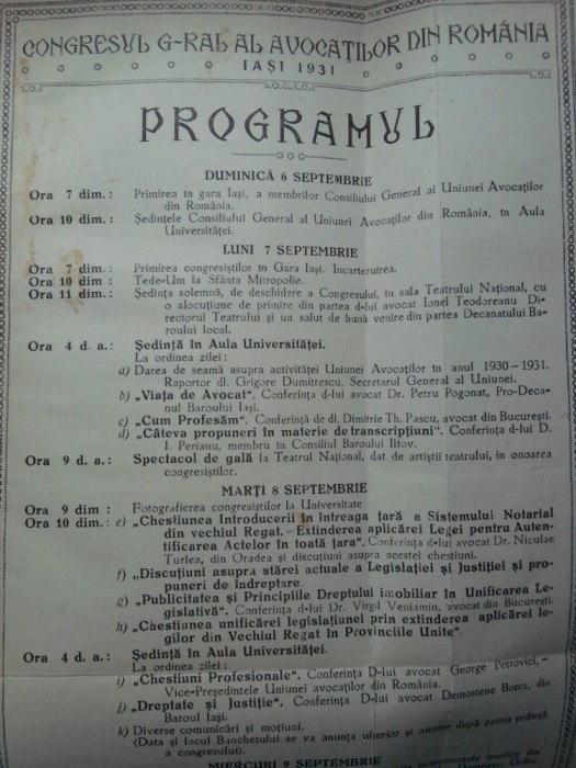Congresul general al avocatilor din Romania Iași 1931 Programul