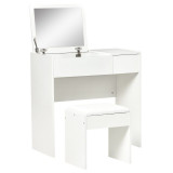 Masa de toaleta/machiaj, alb, cu oglinda pliabila, compartiment interior, sertar lateral si taburet, 80x40x79 cm GartenVIP DiyLine, ART