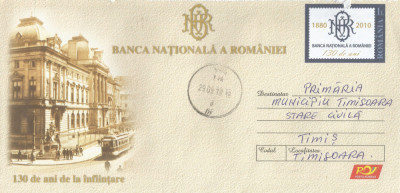 Romania, Banca Nationala a Romaniei, 130 ani, intreg postal circulat, 2010 foto