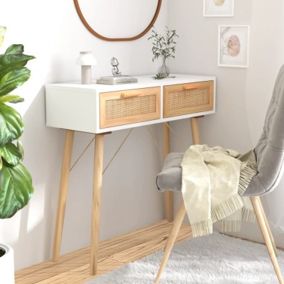 vidaXL Masă consolă alb 80x30x75 cm lemn masiv pin și ratan natural foto