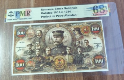 REPRODUCERE pe hartie cu filigran si fire UV proiect bancnota 100 Lei 1934 nr.169 foto