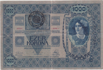 AUSTRIA UNGARIA 1000 COROANE KRONEN 1902 TIMBRU SPECIAL PE PARTEA MAGHIARA UZATA foto