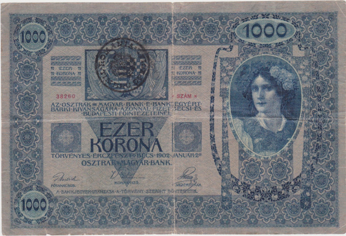 AUSTRIA UNGARIA 1000 COROANE KRONEN 1902 TIMBRU SPECIAL PE PARTEA MAGHIARA UZATA