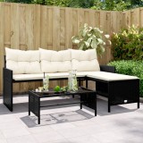 Set Canapea Gradina Poliratan Negru vidaXL, Forma L, Masa Sticla, Perne Incluse, 170x120x72.5 cm