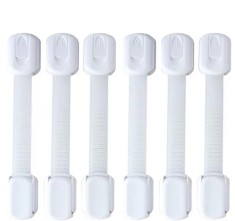 Set 6 bucati sisteme de siguranta copii ajustabile, blocare sertare, dulap, frigider, WC, adeziv puternic, lungime 19 cm, alb