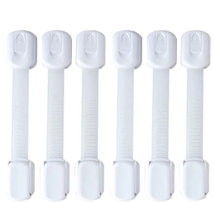 Set 6 bucati sisteme de siguranta copii ajustabile, blocare sertare, dulap, frigider, WC, adeziv puternic, lungime 19 cm, alb