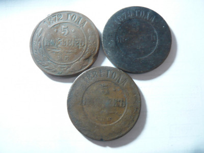 3 Monede 5 kopeici Rusia , cupru : :1872 ,1879 si 1881 ,cal. mediocru foto
