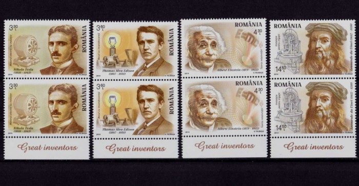 RO 2014 ,LP 2052 ,&quot;Mari inventatori&quot; - pereche V cu margine si text ,MNH