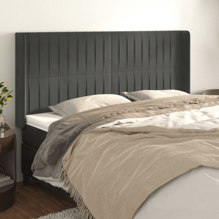 vidaXL Tăblie de pat cu aripioare gri &icirc;nchis 203x16x118/128 cm catifea