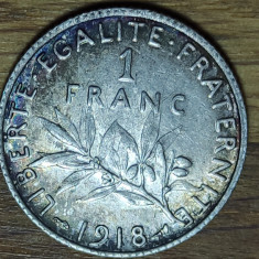 Franta - moneda de colectie istorica - 1 franc 1918 argint - XF+ superb patinata