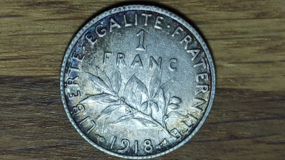 Franta - moneda de colectie istorica - 1 franc 1918 argint - XF+ superb patinata foto