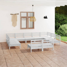 vidaXL Set mobilier grădină, 11 piese, alb, lemn masiv pin