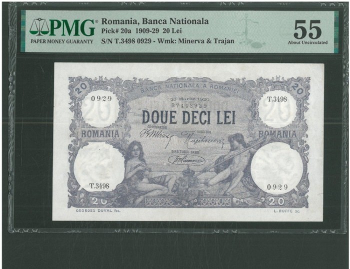 Rom&acirc;nia 20 lei -1920-Gradata PMG 55.Rara