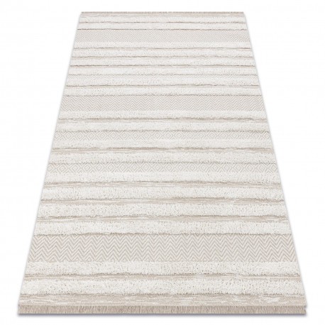 Covor ECO SISAL MOROC 22329 zigzag, linii boho franjuri - structural bej / cremă, 136x190 cm