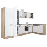 Mobilă de bucătărie de colț Yorki 340, corp din stejar sonoma, față alb satinat, element cuptor inferior, dulap cu raft, frigider congelator inferior