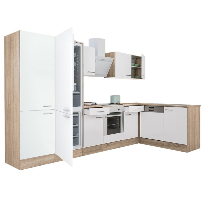 Mobilă de bucătărie de colț Yorki 340, corp din stejar sonoma, față alb satinat, element cuptor inferior, dulap cu raft, frigider congelator inferior