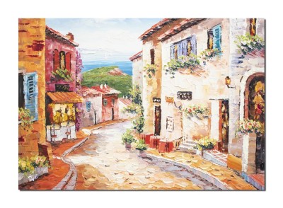 Tablou peisaj citadin mediteranean pictat manual, O zi minunata, 70x50cm ulei pe panza, Valentin Pop foto