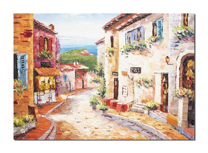 Tablou peisaj citadin mediteranean pictat manual, O zi minunata, 70x50cm ulei pe panza, Valentin Pop