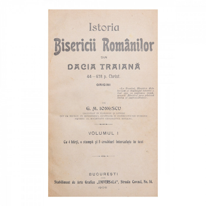 G. M. Ionescu, Istoria bisericii rom&acirc;nilor din Dacia Traiană, 1905, cu ex-librisul lui Radu Cluceru