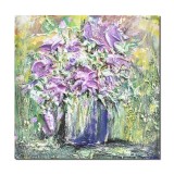 Tablou 3D cu flori pictat manual, Vaza cu violete, stilizat, 40x40cm acril in cutit, Kenny Varniote