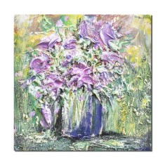 Tablou 3D cu flori pictat manual, Vaza cu violete, stilizat, 40x40cm acril in cutit, Kenny Varniote