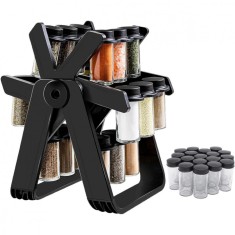 Organizator condimente cu 18 borcane si suport rotativ, negru mat, sticla + plastic, 34.5x26x22.5 cm
