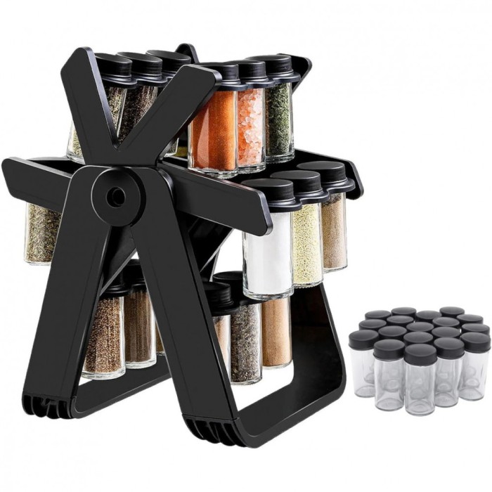 Organizator condimente cu 18 borcane si suport rotativ, negru mat, sticla + plastic, 34.5x26x22.5 cm