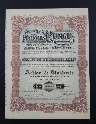 Actiune soc. romano - belgiana de petrol RUNCU , titlu , actiuni foto