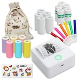 Mini imprimanta portabila MX1, ALB cu 5 role albe +3 colorate autoadezive + 5 role albe + 3 colorate simple + 6 carioci, stickere si saculet incluse