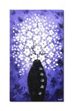 Tablou pictat manual, Vaza cu flori albe pe fundal indigo, 100x60cm ulei pe panza in cutit efect 3D