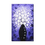 Tablou pictat manual, Vaza cu flori albe pe fundal indigo, 100x60cm ulei pe panza in cutit efect 3D