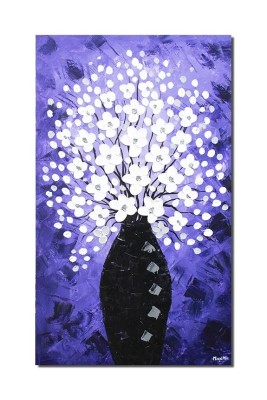 Tablou pictat manual, Vaza cu flori albe pe fundal indigo, 100x60cm ulei pe panza in cutit efect 3D foto