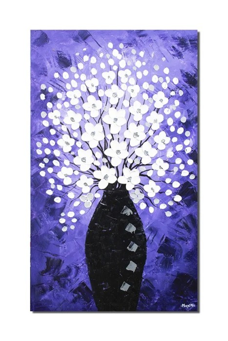 Tablou pictat manual, Vaza cu flori albe pe fundal indigo, 100x60cm ulei pe panza in cutit efect 3D