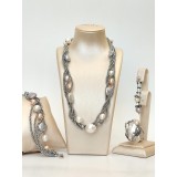 Cumpara ieftin Set Bijuterii Hematit Natural si Perle de Cultura, Argint 925 placat Rodiu, Colier Bratara Inel Ajustabil, Made in Italy