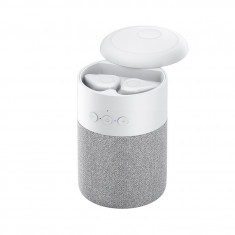 Casti Bluetooth 5.1 si Boxa portabila, Wireless, Handsfree, Control Touch, mini subwoofer, difuzor 360 stereo surround cu microfon, control vocal, alb