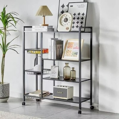 Raft metalic cu 4 polite si 3 cosuri pentru depozitare, portabil, capacitate mare de depozitare, dimensiuni 90 (L) x 32 (l) x 108 (H) cm, 4 rotite rot foto