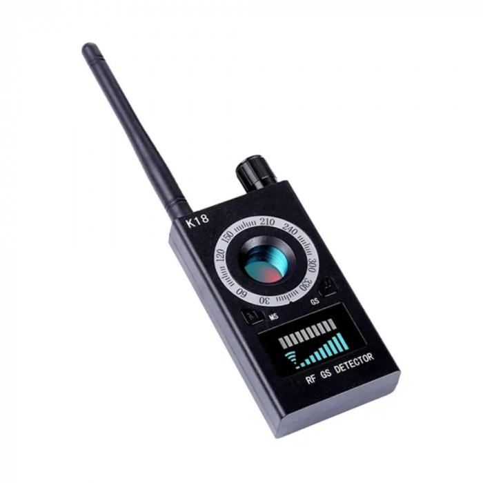 Detector Profesional Aparate Spionaj Camere, Microfoane, Localizatoare GPS/GSM, Reportofoane, Frecventa 1-8000 MHz, Portabil, Model K18, Negru