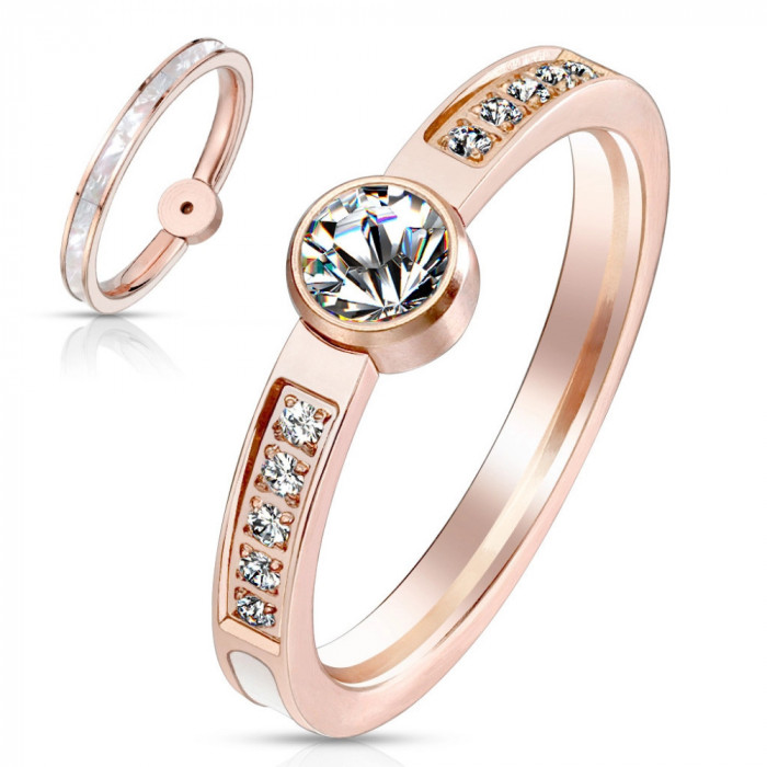 Inel de oțel &icirc;ntr-o nuanță de cupru - f&acirc;șie de perlă, zirconii clare rotunde, 2 mm - Marime inel: 54