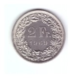 Moneda Elvetia 2 francs/franci 1969, stare foarte buna, curata, Europa, Cupru-Nichel