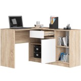 Birou de colt cu sertar, usa si 6 rafturi, stejar sonoma si alb, 120x126 cm