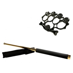 Set baston telescopic 65 cm auriu si box-rozeta craniu negru