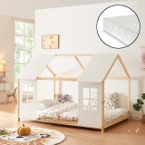 Pat casuta copii cu saltea design semideschis Tostedt 140x200 cm efect lemn alb [en.casa] HausGarden Leisure