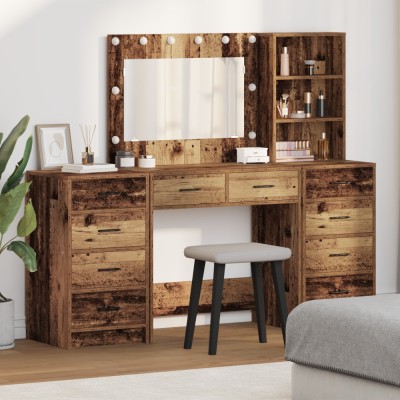 vidaXL Set masă toaletă cu LED, 3 piese, lemn vechi, lemn prelucrat foto