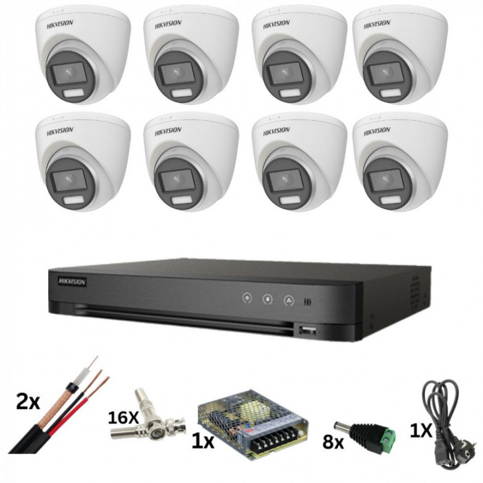 Kit de supraveghere Hikvision, 8 camere Poc, ColorVu de 8 Megapixeli, Lumina color 40m, Lentila 2.8mm, DVR cu 8 canale de 8 Megapixeli, accesorii Safe