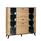 Cumpara ieftin Comoda 2 usi 2 vitrine mdf natur stejar lefkas negru Siran 131x40x131 cm