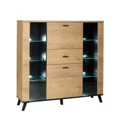 Comoda 2 usi 2 vitrine mdf natur stejar lefkas negru Siran 131x40x131 cm