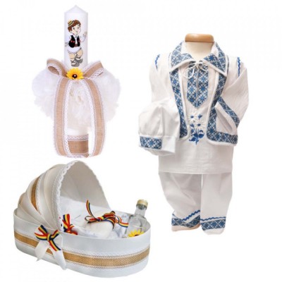 Set botez national baietel, trusou botez landou, lumanare si costum popular foto