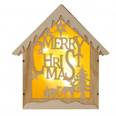 Decoratiune tip casuta din lemn cu lumini, 8 x LED, 30 x 7 cm, inscriptie Merry Christmas foto