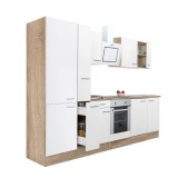 Mobilier de bucătărie Yorki 300, corp din stejar Sonoma, fațadă albă cu finisaj satinat, cu element inferior pentru cuptor și dulap cu rafturi, fără b