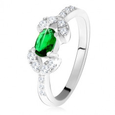 Inel argint 925, ştras oval, verde închis, două forme de bob, din zirconiu transparent - Marime inel: 55